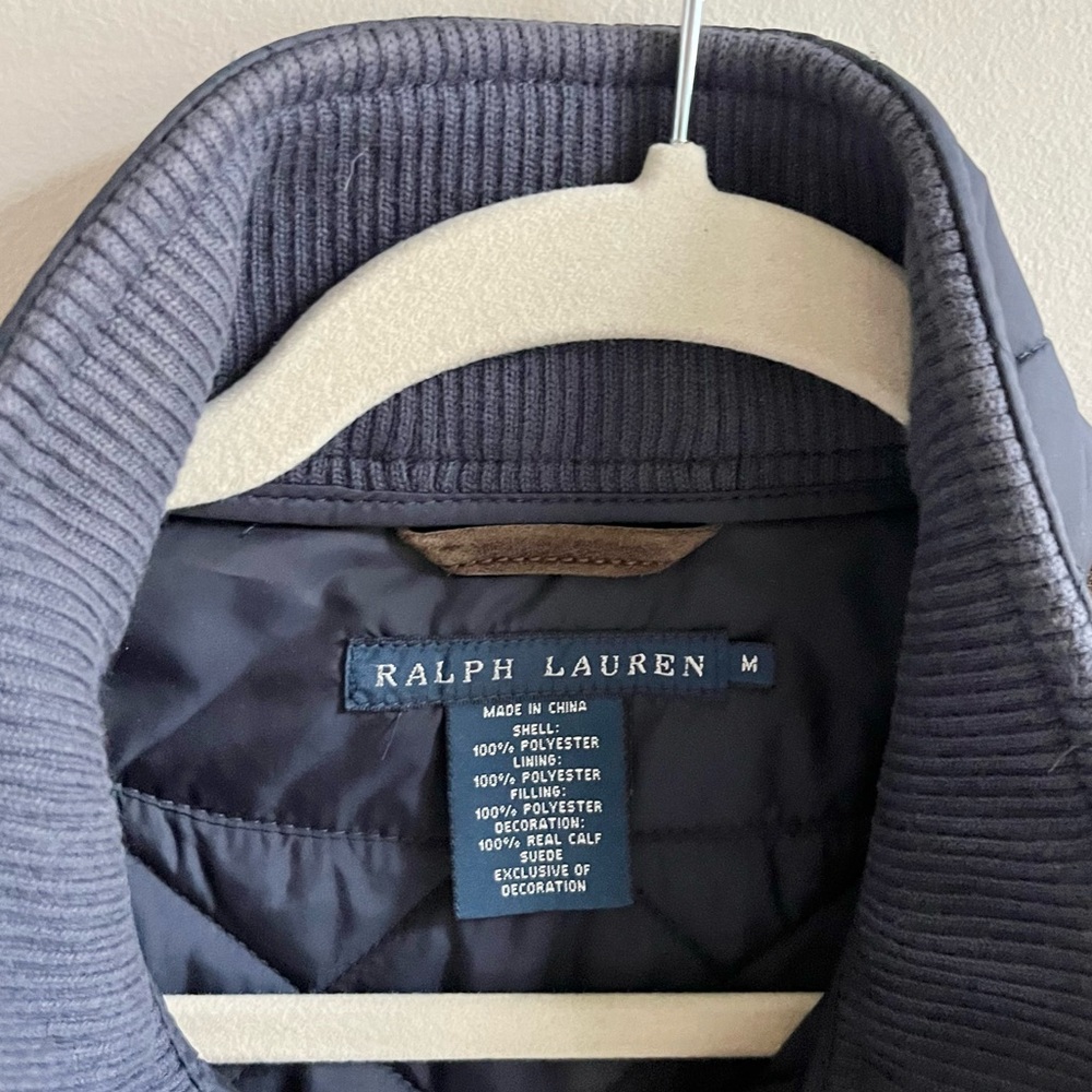 Ralph Lauren | Navy Blue Quilted Puff Vest Suede Shoulder Cap Embroidered Crest - Picture 3 of 5